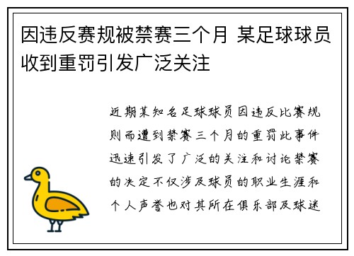 因违反赛规被禁赛三个月 某足球球员收到重罚引发广泛关注